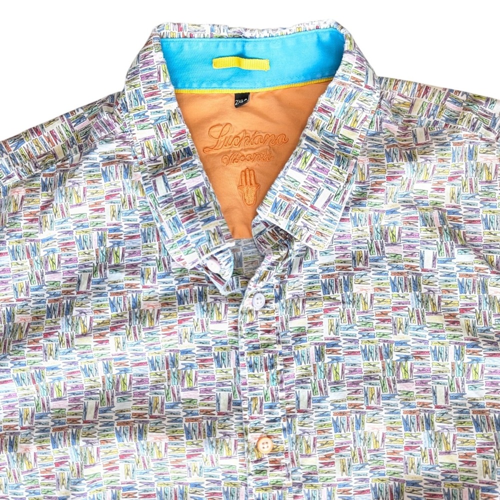 Luchiano Visconti 2XL White Bright‎ Pattern Button Up Short Sleeve Shirt Big PIN